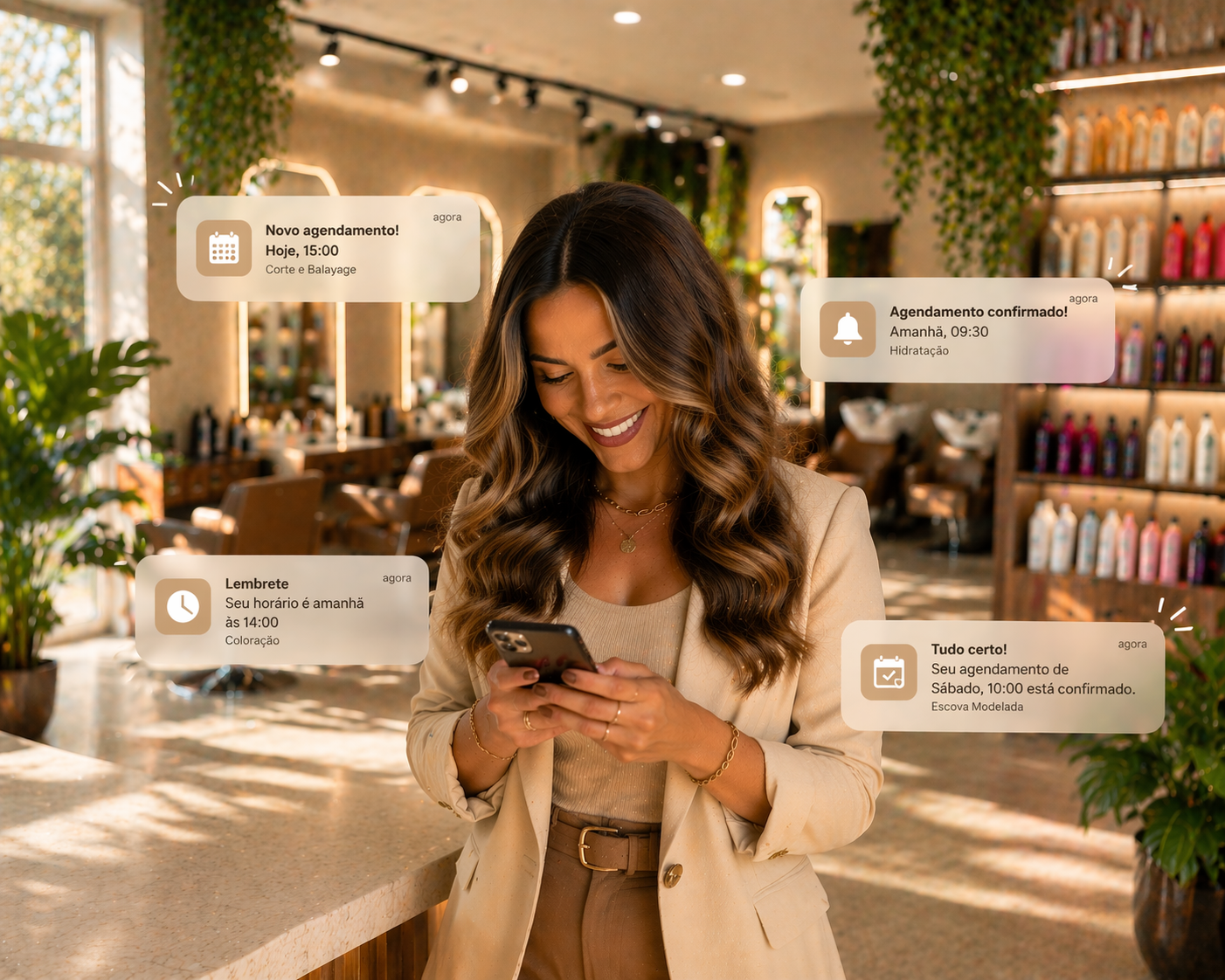 Cliente usando agenda do salão no celular dentro de um salão moderno